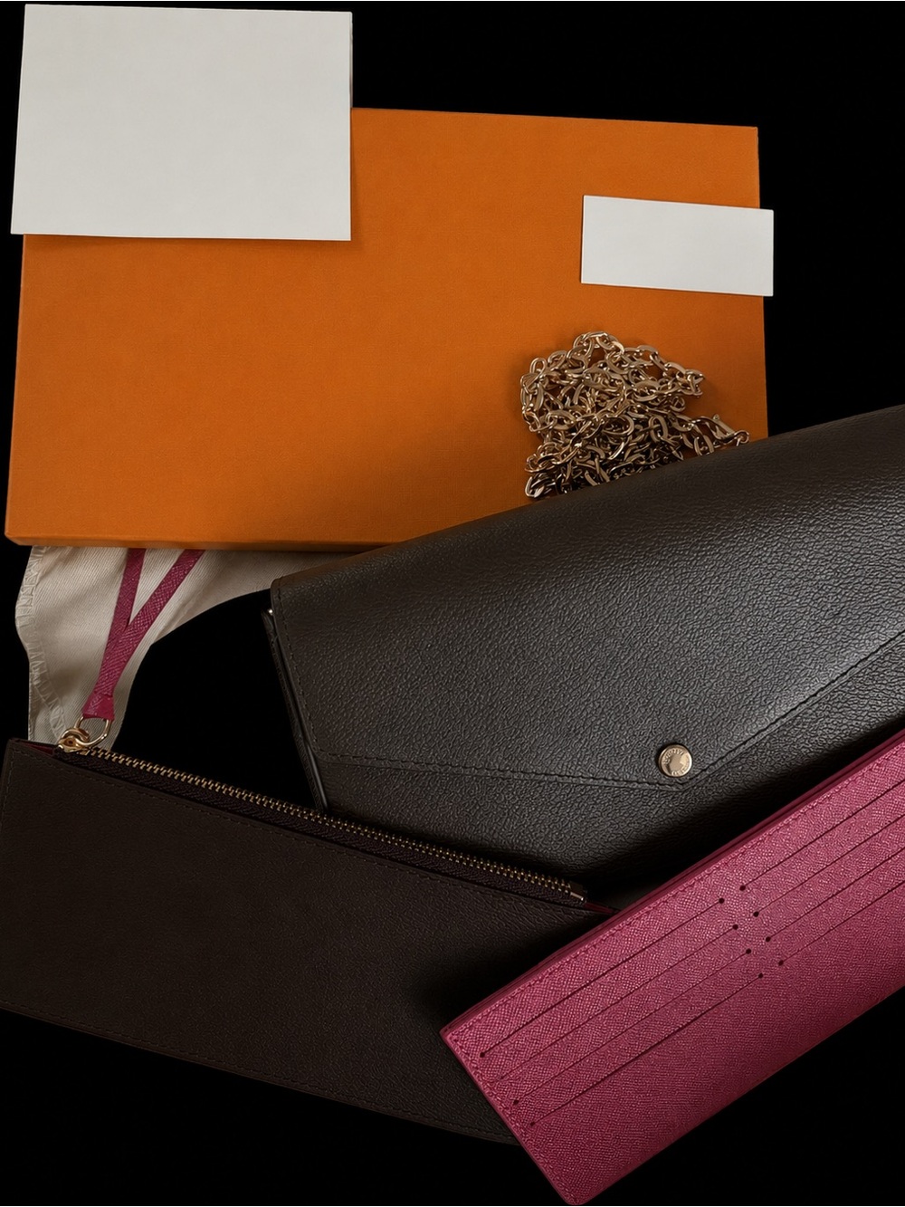 Women’s Envelope Crossbody Wallet in Dark Brown with Magenta Card Holder 3 piece